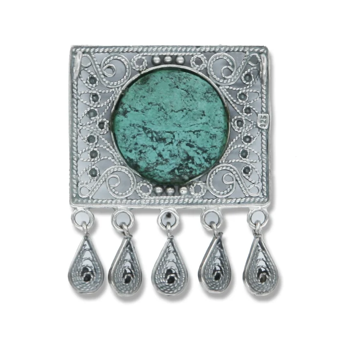 Pendant - Traditional Yemenite Rectangular Filigree 925 Sterling Silver and Eilat Stone - Image 3