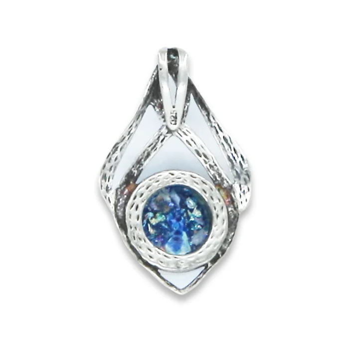 Pendant - Round Blue Roman Glass Set in 925 Sterling Silver - Image 2