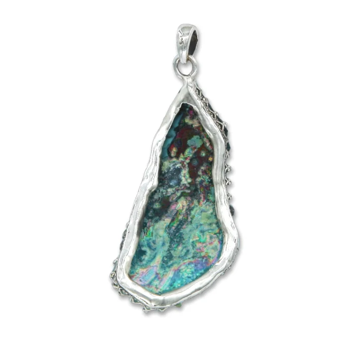 Pendant - One of a kind, Roman glass fragment with 925 Sterling silver Lining filigree, with chain - Image 2