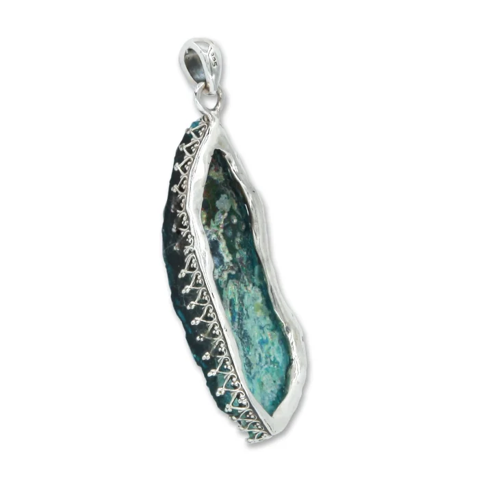 Pendant - One of a kind, Roman glass fragment with 925 Sterling silver Lining filigree, with chain - Image 3