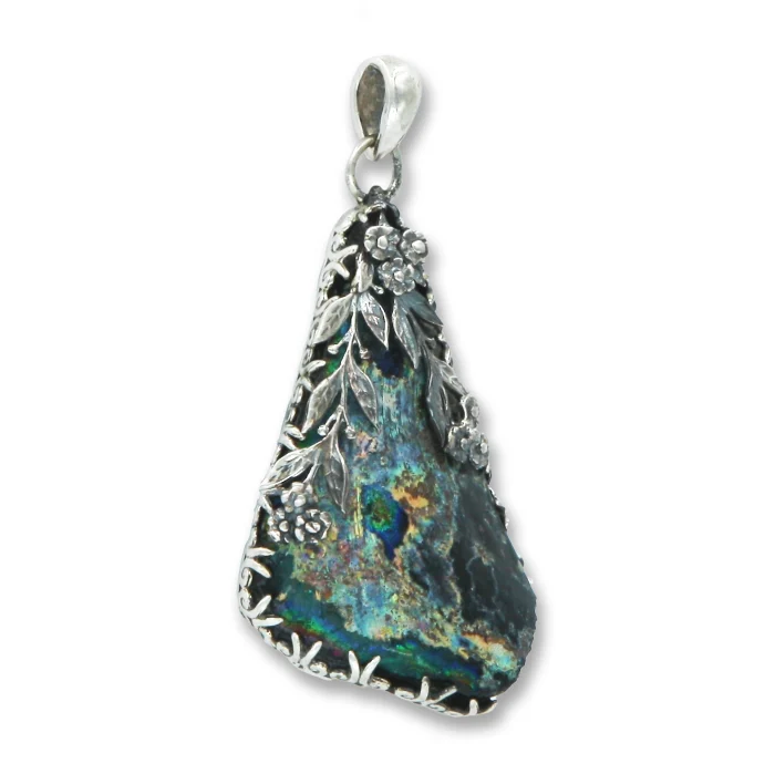 Pendant - One of a kind, Roman Glass Fragment with 925 Sterling Silver Lining with Floral Motif - Image 2