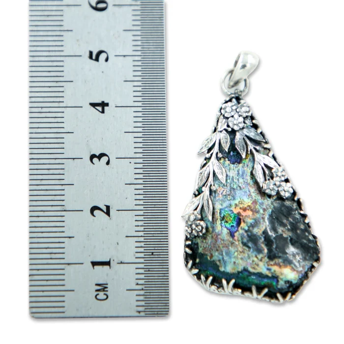 Pendant - One of a kind, Roman Glass Fragment with 925 Sterling Silver Lining with Floral Motif - Image 3