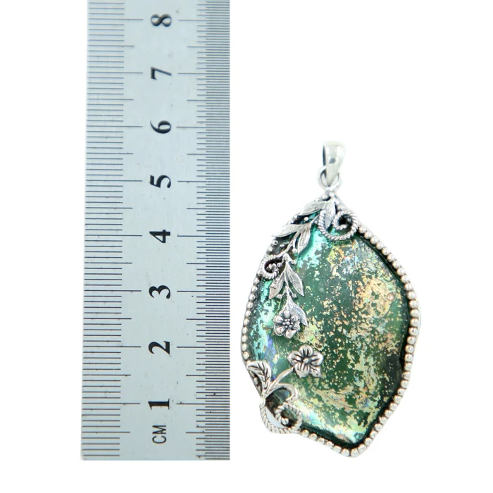 Pendant - One of a kind, Roman Glass Fragment with 925 Sterling Silver Lining with Filigree and Floral Motif - Image 5