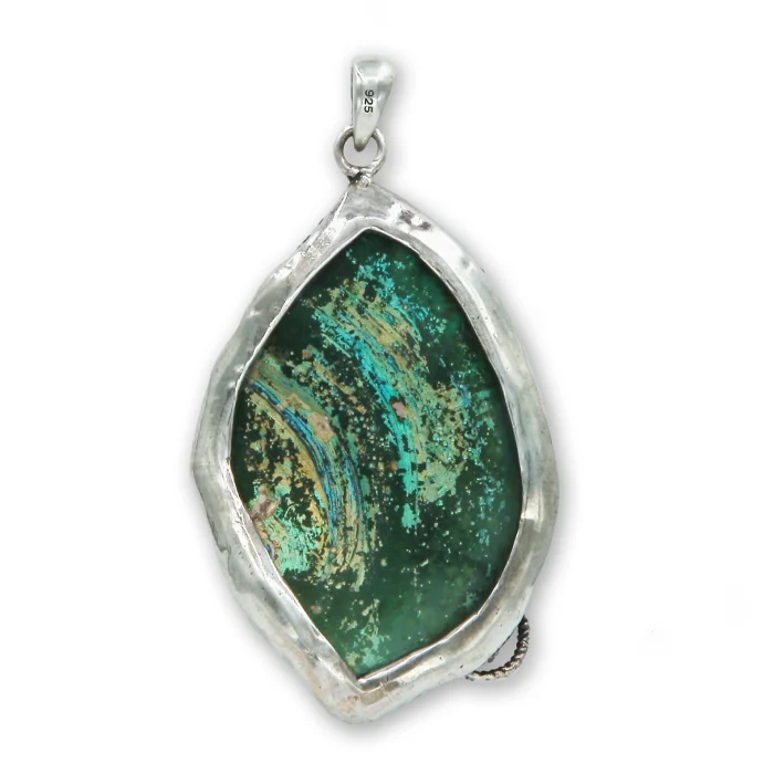 Pendant - One of a kind, Roman Glass Fragment with 925 Sterling Silver Lining with Filigree and Floral Motif - Image 2