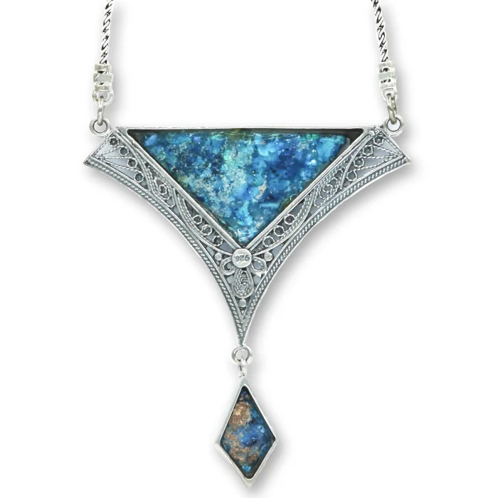 Pendant - Unique Roman Glass Fragments set in 925 Sterling Silver with Intricate Sephardic Filigree Design - Image 3