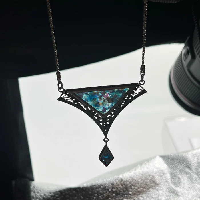 Pendant - Unique Roman Glass Fragments set in 925 Sterling Silver with Intricate Sephardic Filigree Design - Image 4