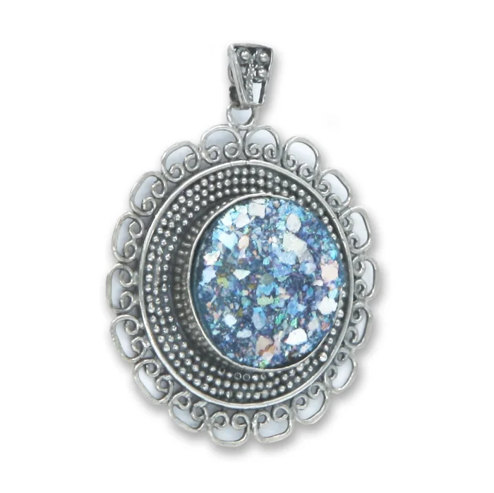 Pendant - Roman Glass Fragment Set in Intricate Design in 925 Sterling Silver - Image 2