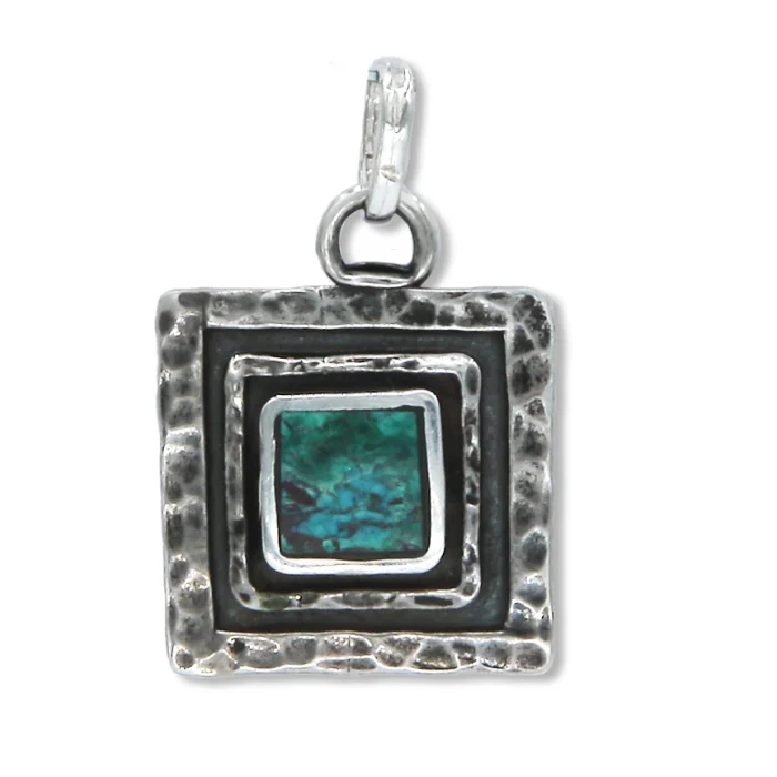 Pendant - Artistic Hammered 925 Sterling Silver Square with Eilat Stone