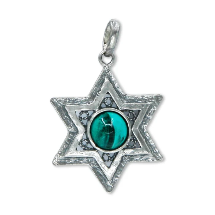 Pendant - Star of David in Triple 925 Sterling Silver with Round Center Eilat Stone