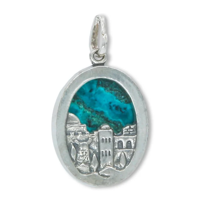 Pendant - Jerusalem Buildings in 925 Silver Silver with Eilat Stone Sky, with chain