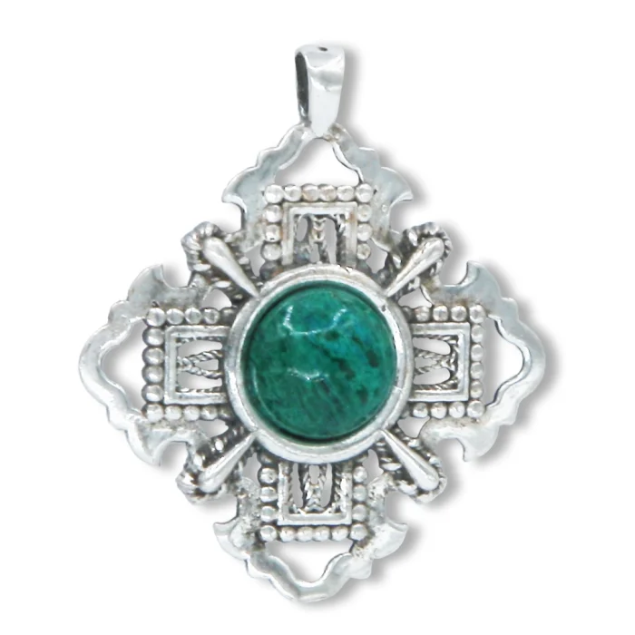 Pendant - Jerusalem Cross 925 Sterling Silver, Reversible with Round Eilat Stone and Diamond Shaped Opal, with chain