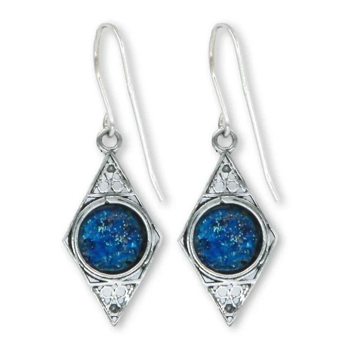 Earrings - Circle of Roman Glass Set in Diamond Shaped 925 Sterling Silver - Image 2