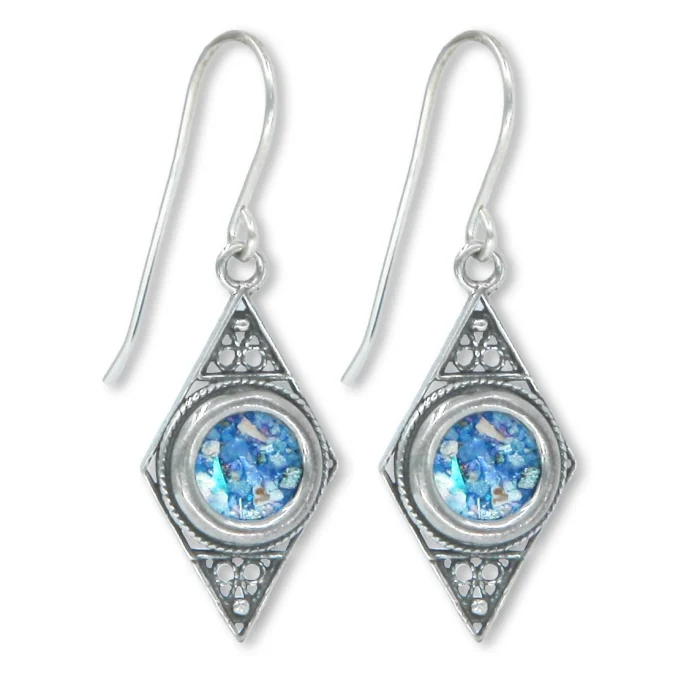 Earrings - Circle of Roman Glass Set in Diamond Shaped 925 Sterling Silver