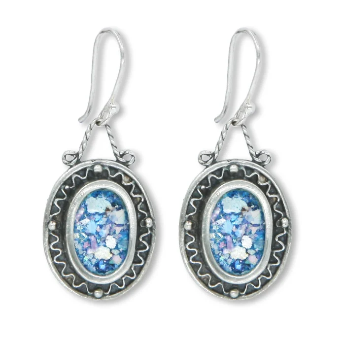 Earrings - Elegant Roman Glass and 925 Sterling Silver Oval Earrings