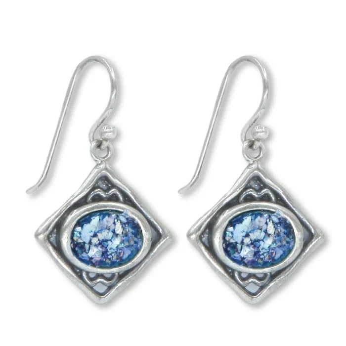 Earrings - Diamond Shaped 925 Sterling Silver with Oval Insert of Roman Glass