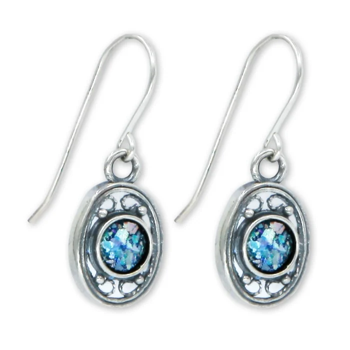 Earrings - Delicate  Roman Glass Set in Oval of 925 Sterling Silver