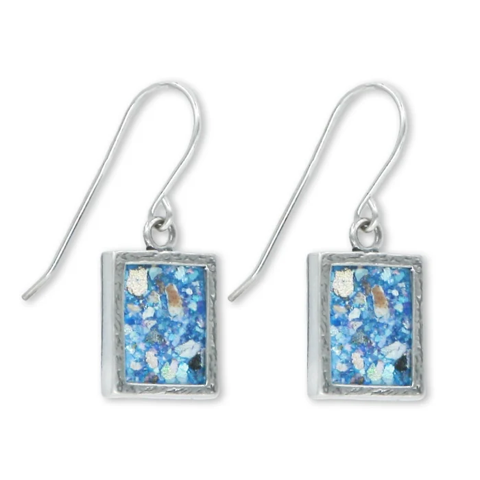 Earrings - Rectangular Cut Roman Glass in Setting of 925 Sterling Silver Earrings