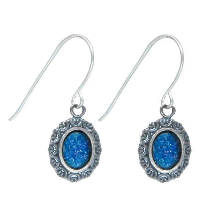 Earrings - Delicate Oval Blue Roman Glass Earrings Set in Filigree 925 Sterling Silver