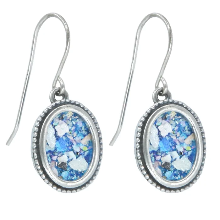 Earrings - Oval Cut Roman Glass Framed in 925 Sterling Silver