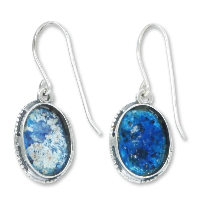 Earrings - Oval Cut Roman Glass Framed in 925 Sterling Silver - Image 2