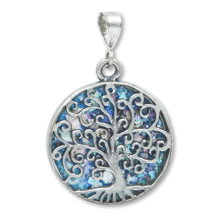 Pendant - Tree of Life Round 925 Sterling Silver Pendant Inlayed With Roman Glass, with chain