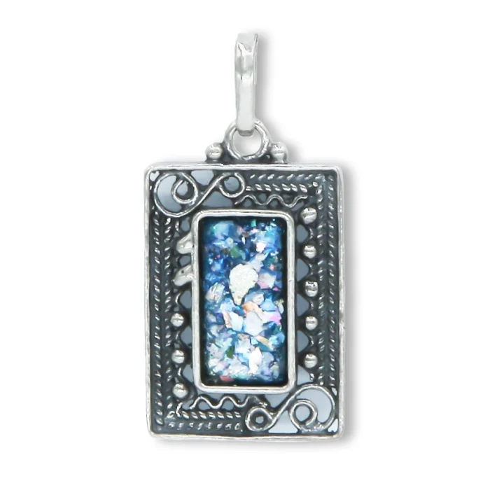 Pendant - Rectangular Roman Glass Framed with Filigree 925 Sterling Silver, with chain