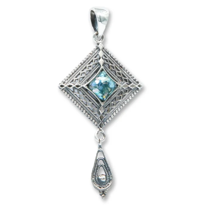 Pendant - Diamond Shaped Filigree Pendant with Teardrop Dangle, Roman Glass and 925 Sterling Silver