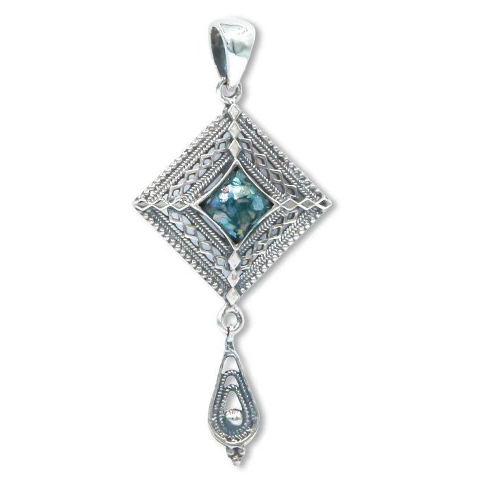 Pendant - Diamond Shaped Filigree Pendant with Teardrop Dangle, Roman Glass and 925 Sterling Silver - Image 2