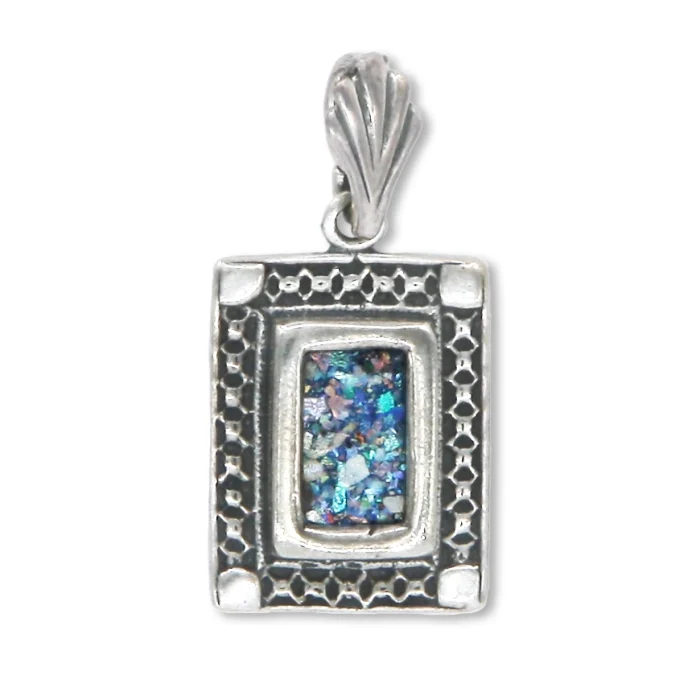 Pendant - Filigree 925 Sterling Silver Rectangular with Inlay of Roman Glass