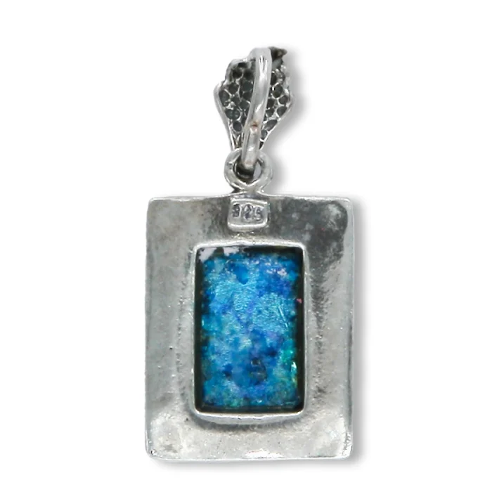 Pendant - Filigree 925 Sterling Silver Rectangular with Inlay of Roman Glass - Image 2