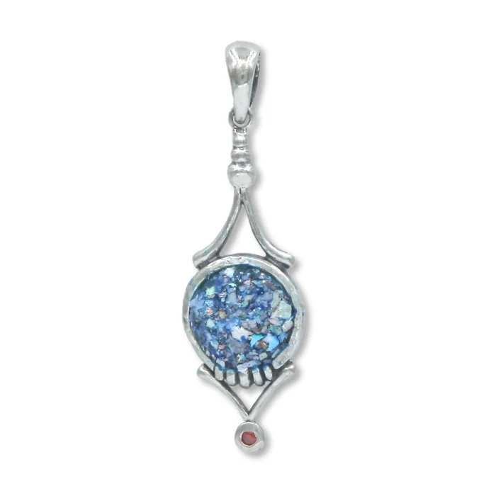 Pendant - Roman Glass Set in Delicate 925 Sterling Silver Design with Garnet