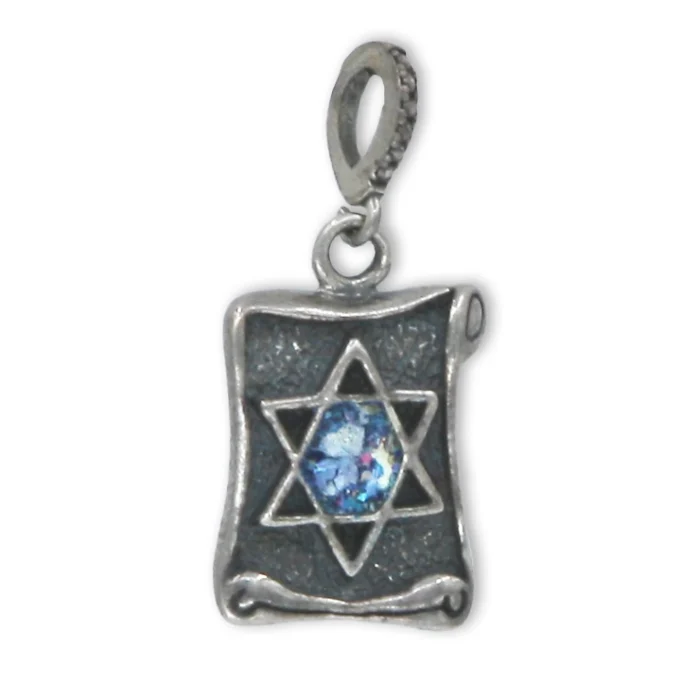 Pendant - Scroll with Roman Glass Set in Star of David, 925 Sterling Silver