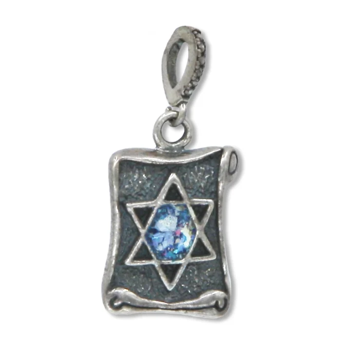 Pendant - Scroll with Roman Glass Set in Star of David, 925 Sterling Silver - Image 2