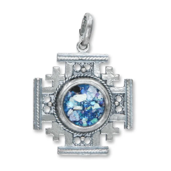 Pendant - Jerusalem Cross in 925 Sterling Silver with Roman Glass Center, with chain