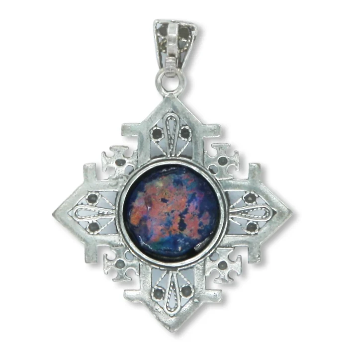 Pendant - Jerusalem Cross in 925 Sterling Silver with Roman Glass Center, with chain - Image 2