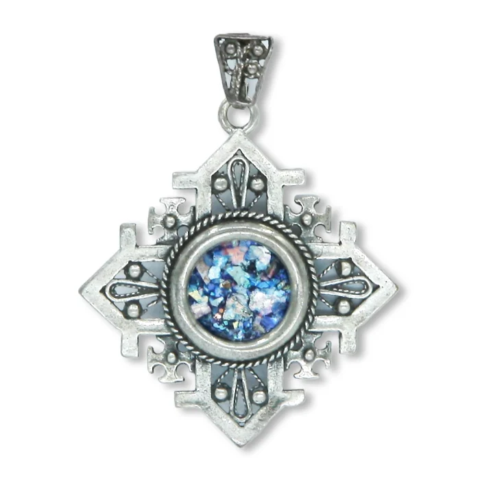 Pendant - Jerusalem Cross in 925 Sterling Silver with Roman Glass Center, with chain