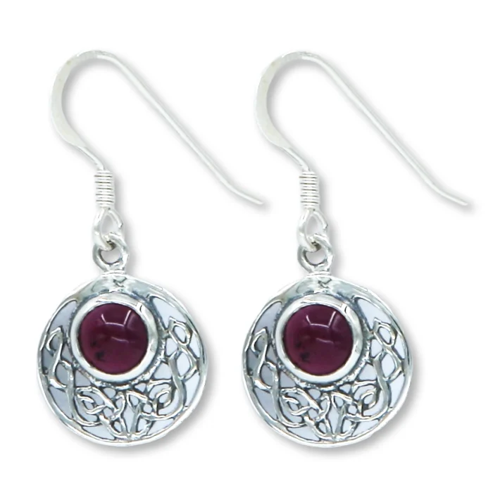 Earrings - Round Filigree 925 Sterling Silver with Purple Garnet Gem Stone