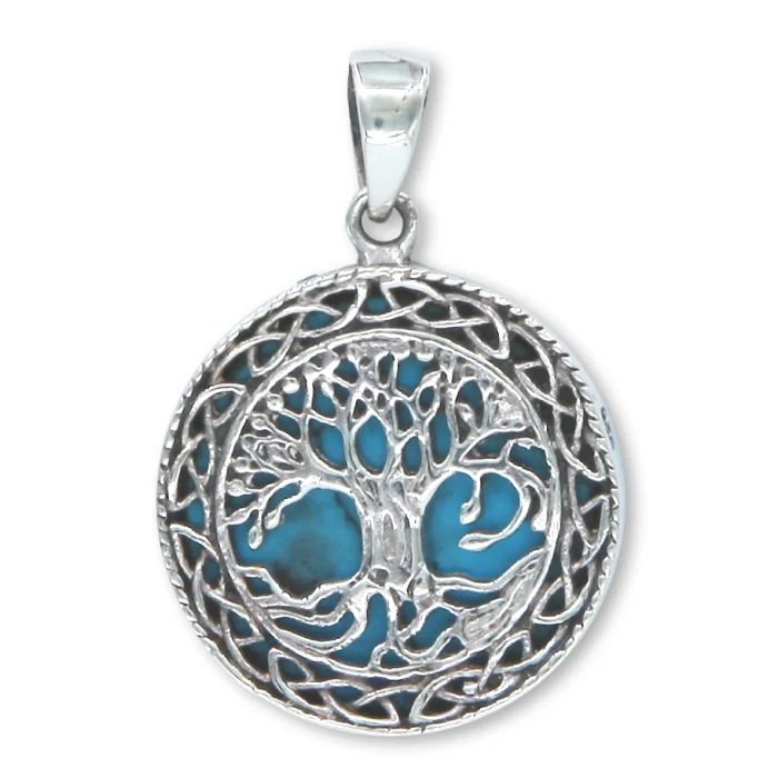 Pendant - Tree of Life, 925 Sterling Silver Set in Beautiful Turquoise, Reversable, with chain