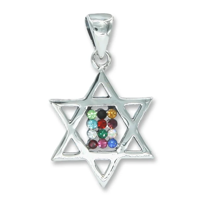 Pendant - Star of David 925 Sterling Silver with Hoshen - The Priestly Breastplate, Cubic Zirconia Stones