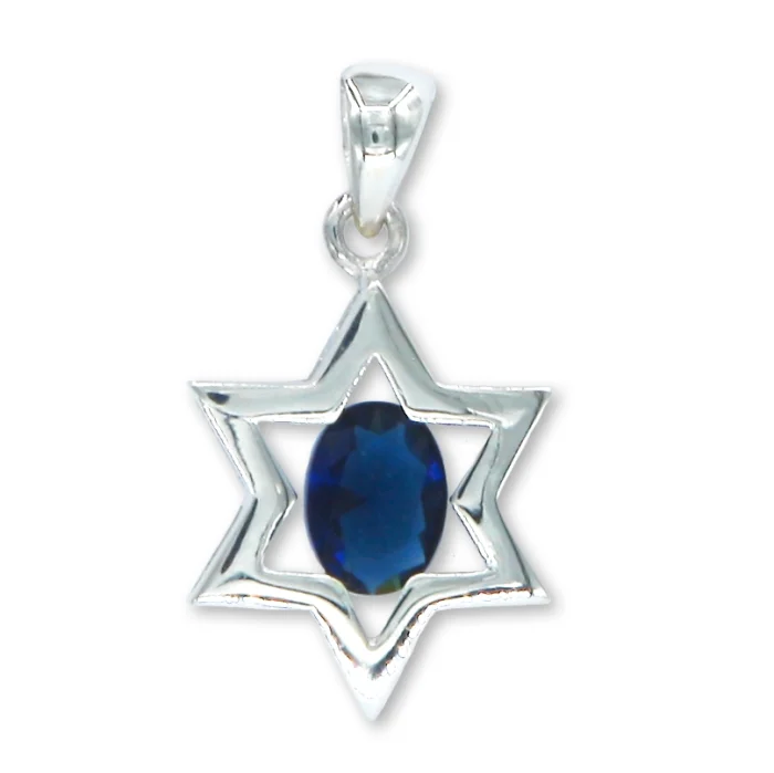 Pendant - Star of David Pendant in 925 Sterling with Oval Blue Cubic Zirconia