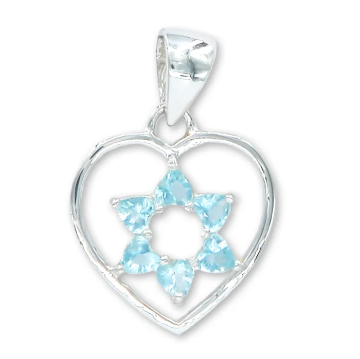 Pendant - Heart in 928 Sterling Silver with Star of David and Light Blue Cubic Zirconia Stones