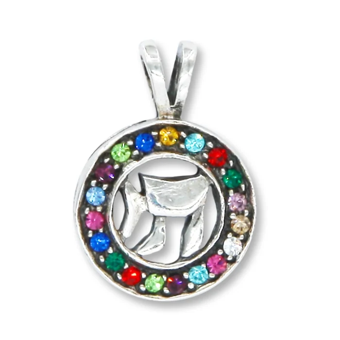 Pendant - Chai in 925 Sterling Silver Circled with Colorful Cubic Zirconia Stones - Image 2