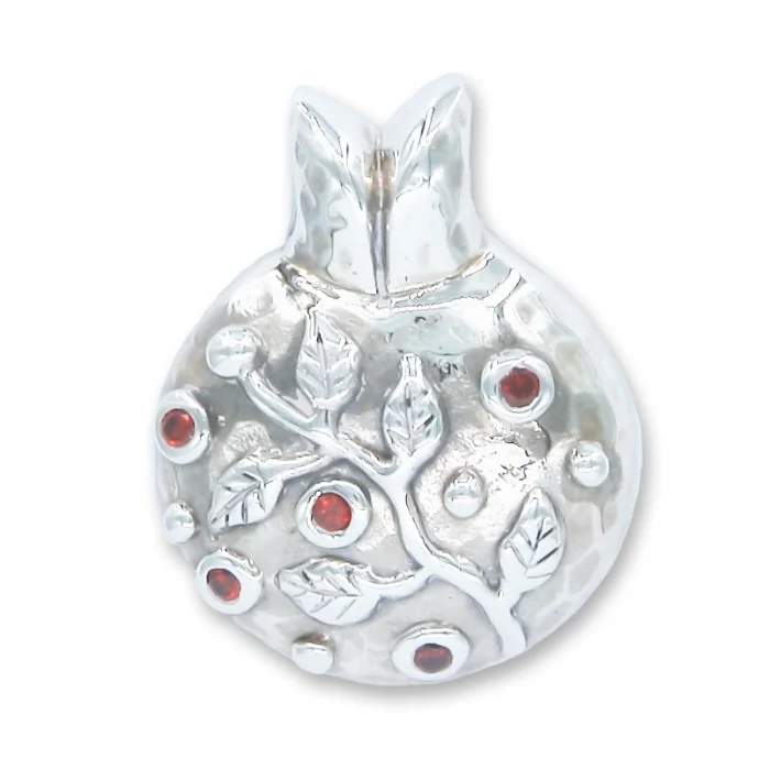 Pendant - Pomegranate 925 Sterling Silver Plated Branch and Garnet Gem Stone Seeds